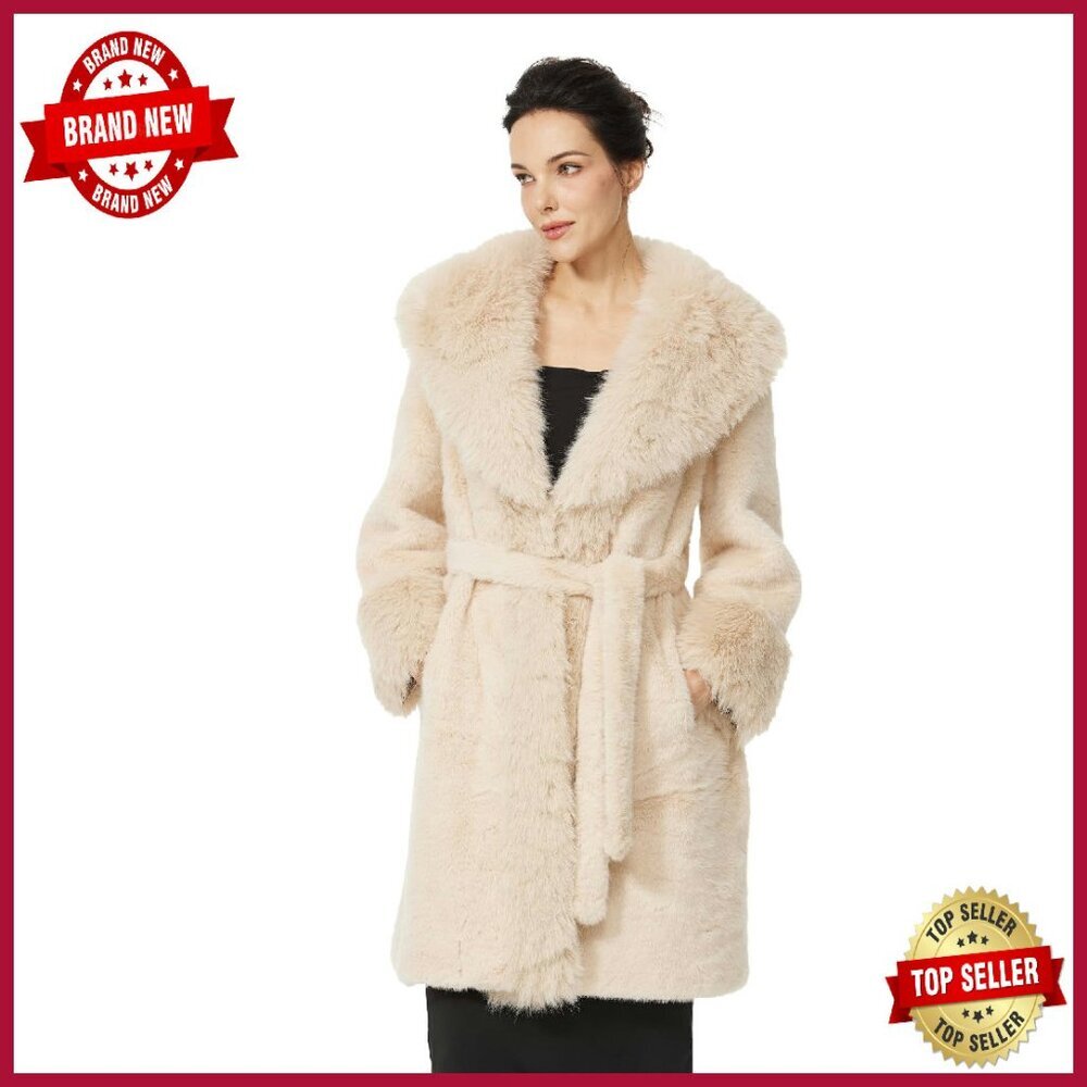 Knee Length Faux Fur Coat With Belt, Pockets, Satin Lining